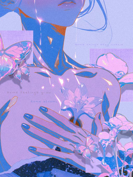 An anime-style digital illustration of a blue and purple female figure holding a pink flower, with the text "Some feelings grow, Some bloom" and "Some things stay hidden."