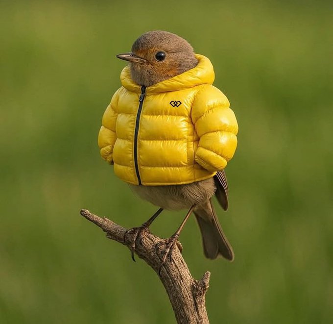 A small brown and gray bird wearing a bright yellow puffer jacket with a black zipper, perched on a bare branch against a green background.