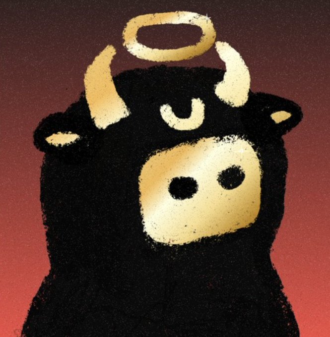 A stylized, grainy digital illustration of a black cow-like creature with small horns and a golden halo floating above its head, set against a gradient red-orange background. The angelic halo imagery complements the post's excitement about a "GTD" (guaranteed) mint, suggesting the project feels like a "holy grail" or blessing to secure before it takes off.