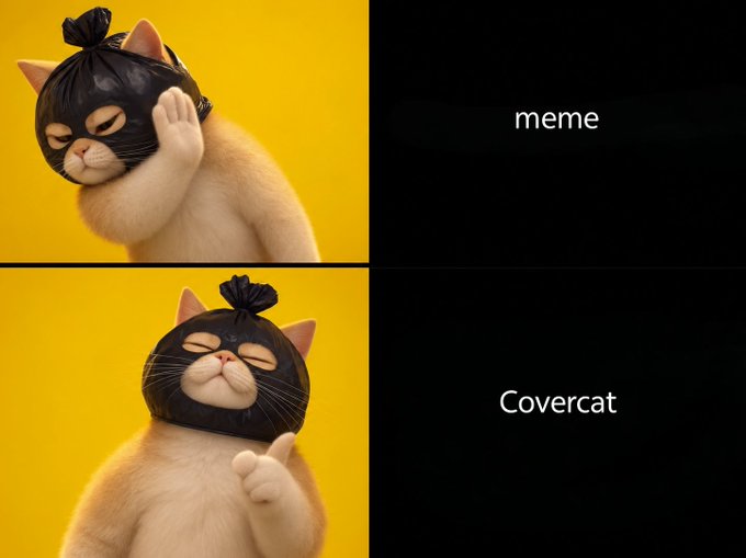 Two-panel meme comparing 'meme' (top) to 'Covercat' (bottom), featuring a cat wearing a black plastic bag mask on a yellow background, with the bottom cat giving a thumbs up.