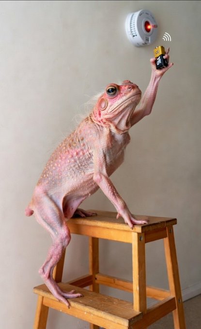 A hairless pink lizard stands upright on a wooden step stool, reaching up with one arm toward a smoke detector on the wall while holding a small object in its claws.