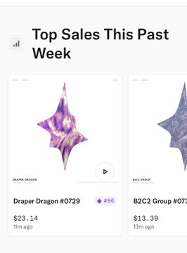 A mobile app screenshot titled "Top Sales This Past Week" displaying NFT listings, including "Draper Dragon #0729" for $23.14 and "B2C2 Group #07" for $13.39.