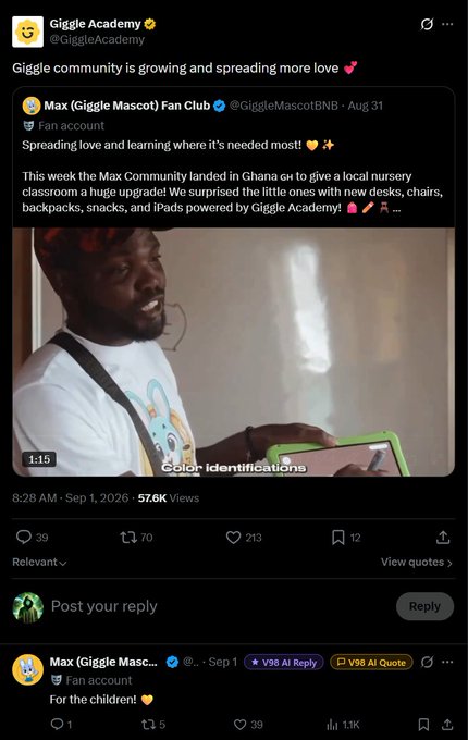 A tweet from Giggle Academy (@GiggleAcademy) about community outreach, quoting Max (Giggle Mascot) Fan Club about donating desks, chairs, backpacks, snacks, and iPads to a nursery in Ghana, with a reply 'For the children!'.