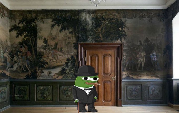 A green Pepe the Frog character dressed in a black suit and bowler hat, smoking a cigar and holding a briefcase, stands in an opulent room with large tapestries depicting classical hunting scenes and an ornate wooden door.
