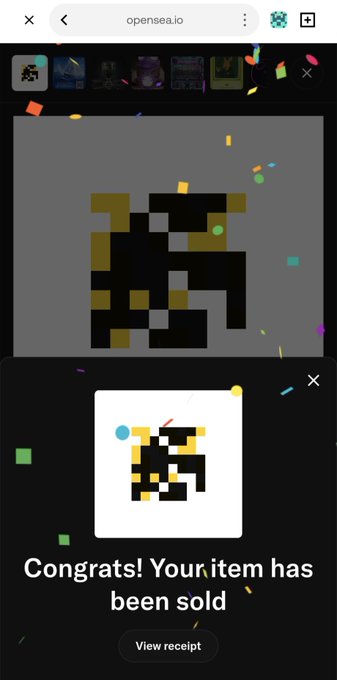 A mobile browser screenshot of opensea.io showing a pixel art NFT item with confetti animation and the text 'Congrats! Your item has been sold' along with a 'View receipt' button.