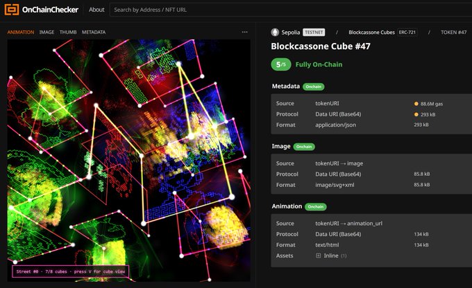 Screenshot of OnChainChecker displaying 'Blockssone Cube #47' from the Blockssone Cubes collection (ERC-721, Token #47) on the Sepolia testnet, marked as 'Fully On-Chain' (5/5) with metadata, image, and animation details sourced via tokenURI.