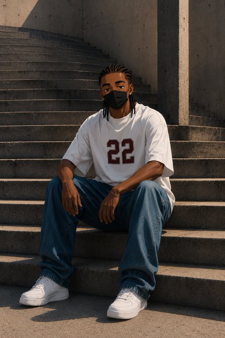An illustration of a young man wearing a black face mask, white jersey with the number 22, baggy blue jeans, and white sneakers, sitting on concrete steps.