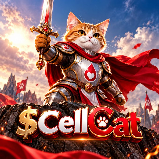 Digital art of a heroic orange and white cat wearing silver armor and a red cape, holding a sword, with the stylized text '$cellCat' displayed below.