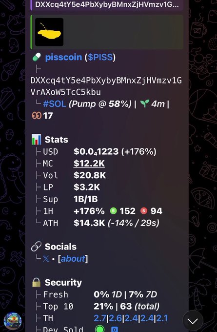 A crypto tracking interface displays data for **pisscoin ($PISS)** with the contract address **DXXcq4tY5e4PbXybyBMnxZjHVmzv1GVrAXoW5TcC5kbu**, confirming the early call made in the post. The stats show a $12.2K market cap, $0.1223 USD price (+176%), and a $14.3K ATH, aligning with the "early call at $12k market cap" claim.