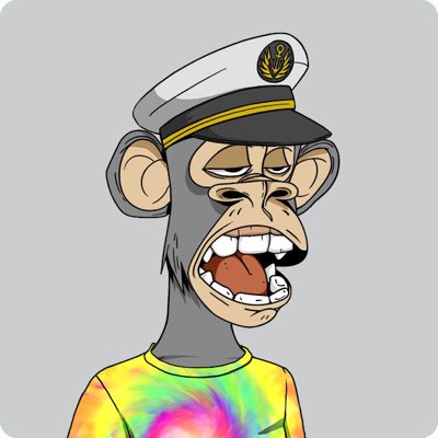 The image features a cartoon monkey wearing a hat, tie-dye shirt, and a yellow shirt. The monkey appears to be smiling and has its mouth open wide with teeth showing. The background of the image is gray, which contrasts with the colorful attire of the monkey. The caption below the image reads "You don't get to choose when the market is right and the perfect Ape hits the floor(ish). But you know when you see it. Feels dope to achieve a goal that I’ve had for 5 yrs and to double down on my conviction in the club with my 1st BAYC."