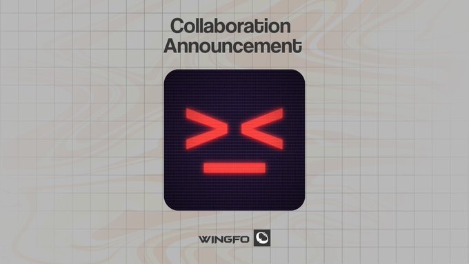A collaboration announcement graphic featuring a dark app tile with an angry red emoticon face, titled "Collaboration Announcement" with the WINGFO logo at the bottom, promoting the upcoming 3,333-face NFT mint with Kokomojinft.