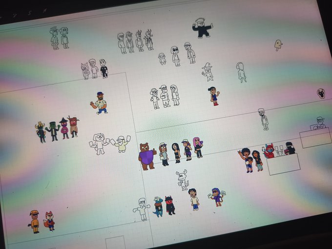 A computer screen displays a collection of cartoon character drawings and sketches arranged on a white background, featuring various human and animal figures in different poses.