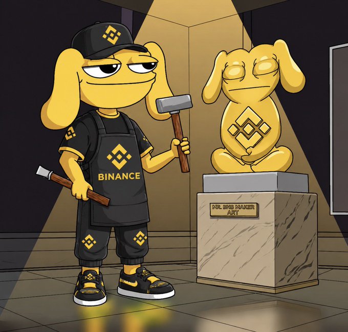 A cartoon illustration shows a yellow dog-like character wearing Binance branded clothing and hat, holding a hammer, standing next to a golden statue of itself on a pedestal labeled 'MR. BSOD MAKER ART'.