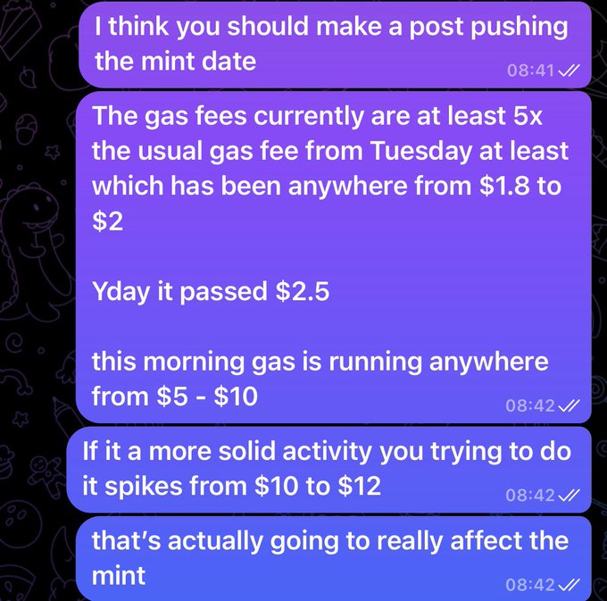 A Telegram chat where someone advises pushing back a mint date due to surging gas fees, which have spiked from a normal range of $1.80-$2.50 to $5-$12, warning that this will negatively impact the mint. This aligns with the accompanying post about advising a collection drop's team on gas fee concerns, which led them to move the mint date, limit mints per wallet, and switch from $2 to free mint.