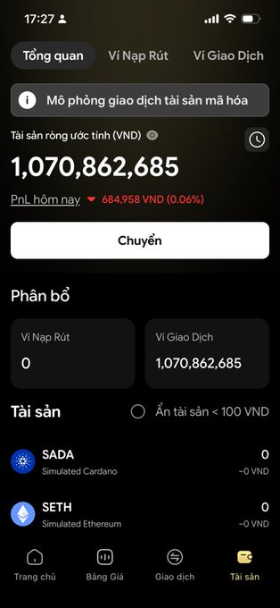 A mobile app showing wallet overview with estimated total assets of 1,070,862,685 VND, featuring SADA and SETH simulated crypto assets.