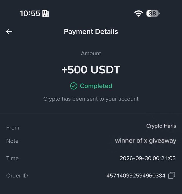 A mobile app screenshot showing a completed crypto payment of '+500 USDT' received from 'Crypto Haris' with the note 'winner of x giveaway' dated 2026-09-30.