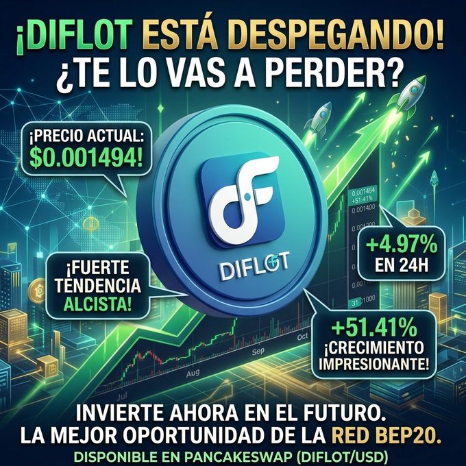 A promotional graphic in Spanish for the token "DIFLOT," displaying a current price of $0.001494, a +4.97% increase in 24H, and a +51.41% growth, available on PancakeSwap.