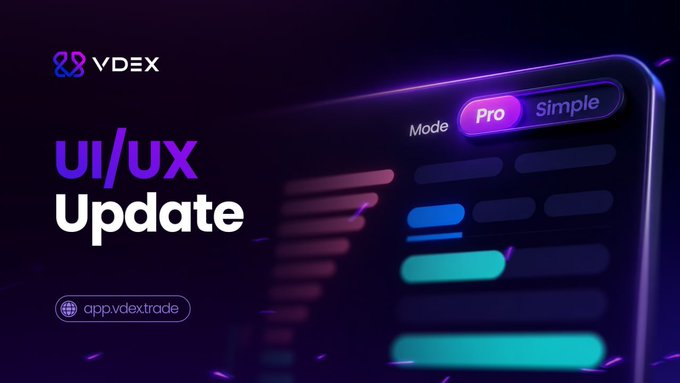 A promotional graphic for VDEX announcing a 'UI/UX Update', featuring a dark background with a stylized smartphone interface showing 'Pro' and 'Simple' mode toggle options and the website app.vdex.trade.