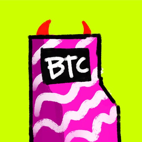 A digital painting of a pink, swirly object with red devil horns and a black screen displaying 'BTC' against a bright green background.