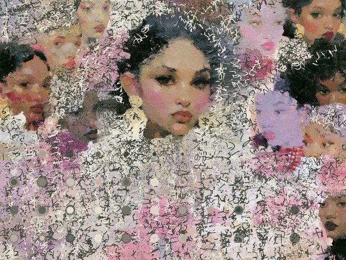An artistic, mixed-media style image featuring a central East Asian woman's face surrounded by fragmented figures and abstract pink and black marks, possibly including calligraphy or symbols.
