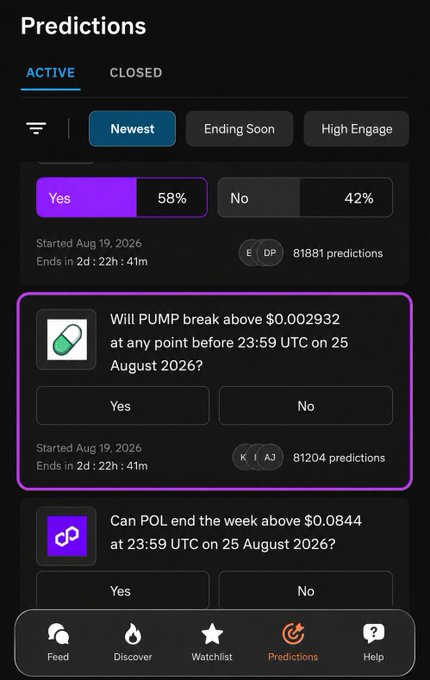A screenshot of a cryptocurrency prediction app showing active markets, including a highlighted question: 'Will PUMP break above $0.002932 at any point before 23:59 UTC on 25 August 2026?'