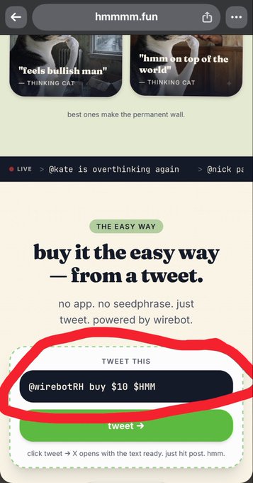 A screenshot of the "hmmmm.fun" website displays a "THE EASY WAY" tutorial section showing how to buy a token by tweeting "@wirebotRH buy $10 $HMM". A red circle highlights the tweet prompt "@wirebotRH buy $10 $HMM", illustrating the purchasing method for the $HMM token via the $WIRE bot mentioned in the post.