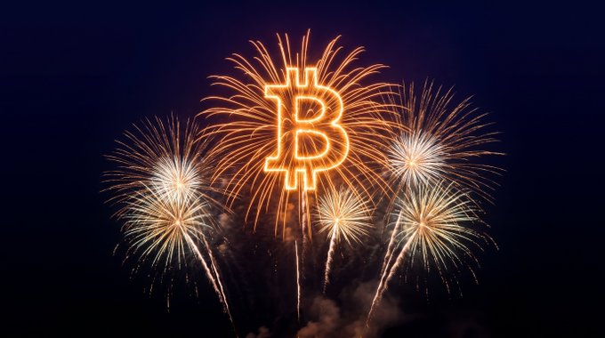 Fireworks burst in the night sky, with the Bitcoin "₿" symbol illuminated in golden sparks at the center, celebrating August 1st, 2017 as "Bitcoin Independence Day"—marking the day the network rejected an attempted hard fork and preserved its original consensus rules against a minority takeover.