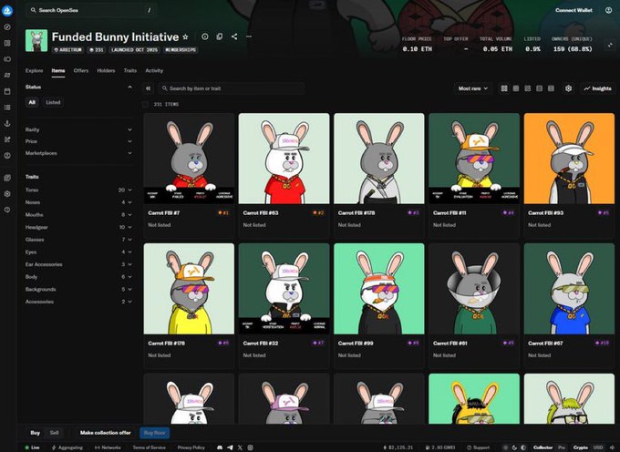 A screenshot of the OpenSea NFT marketplace displaying the "Funded Bunny Initiative" collection with various bunny character listings at different price points in ETH.