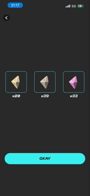 A mobile game screen showing three crystal/gem icons with multipliers x20, x39, and x33 above an 'OKAY' button.