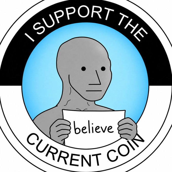 A circular logo featuring a gray humanoid figure holding a sign that reads 'believe', with the text 'I SUPPORT THE CURRENT COIN' around the border.
