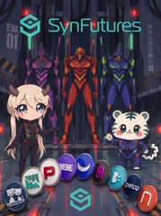 A promotional graphic for the SynFutures crypto platform featuring anime-style characters and chibi mascots alongside various DeFi and blockchain app icons.