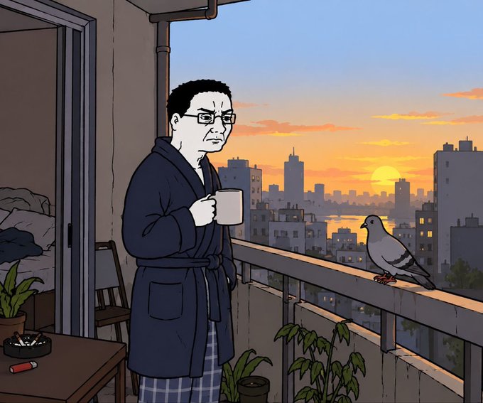 A stylized illustration of a man in a dark bathrobe holding a mug on a balcony overlooking a city sunset, with a pigeon perched on the railing nearby.