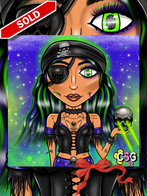 A digital artwork marked 'SOLD' featuring a female character with a skull eyepatch, pirate hat, green and black hair, holding a skull, with 'CSG 52' in the corner.
