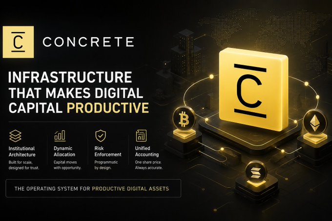 A promotional graphic for 'Concrete' featuring the tagline 'Infrastructure that makes digital capital productive,' with features listed: Institutional Architecture, Dynamic Allocation, Risk Enforcement, and Unified Accounting, alongside Bitcoin, Ethereum, and Solana icons.