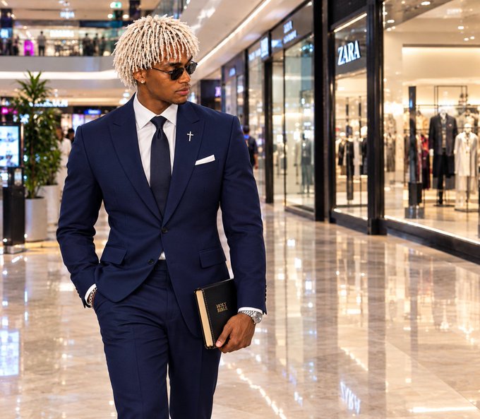A man with blonde dreadlocks and sunglasses, dressed in a navy blue suit with a cross pin, walks through a mall holding a Holy Bible, with a Zara store visible in the background.