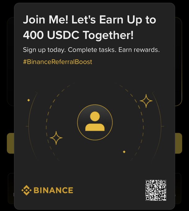 A Binance cryptocurrency referral advertisement on a black background invites users to 'Join Me! Let's Earn Up to 400 USDC Together!,' prompting them to 'Sign up today. Complete tasks. Earn rewards' with the hashtag '#BinanceReferralBoost' and an accompanying QR code.