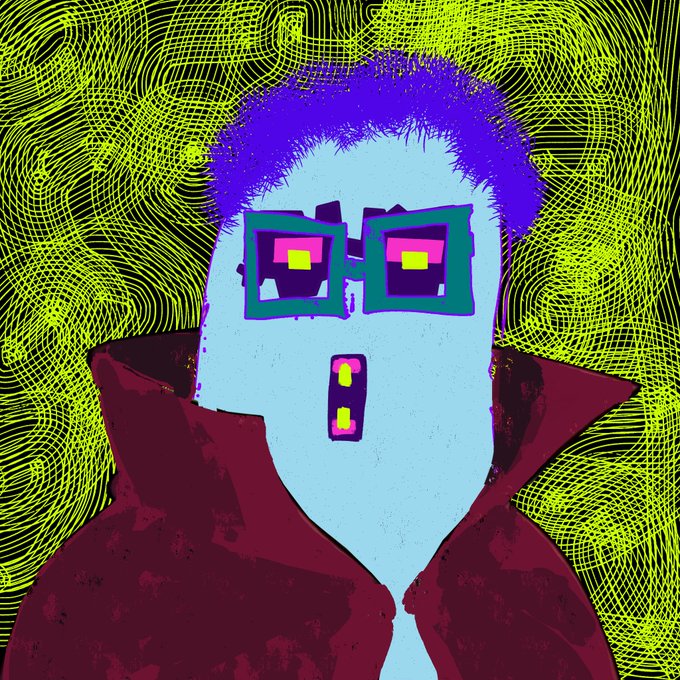 A stylized digital portrait of a pale blue character with purple hair, square pixelated glasses, and a burgundy high-collared coat against a neon yellow webbed background, evoking the quirky NFT "Dingus" avatar collection mentioned in the post.