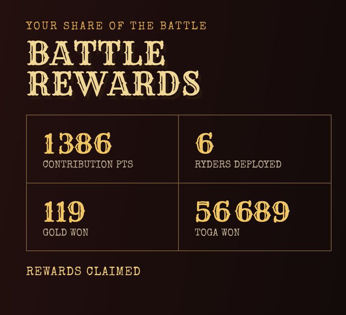 A 'Battle Rewards' screen displays '1386 Contribution Pts', '6 Ryders Deployed', '119 Gold Won', and '56,689 Toga Won', with 'Rewards Claimed' at the bottom.