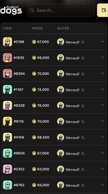 A mobile view of the Doginal Dogs NFT marketplace, displaying items priced between 63,000 and 76,000 units, with 'Werwulf' listed as the buyer for each.
