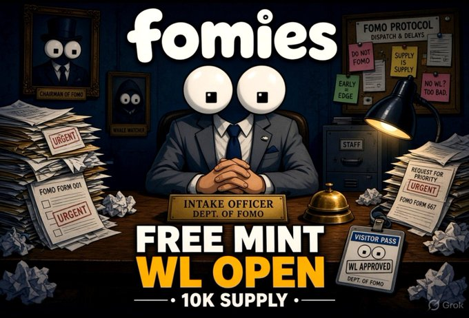 The image is a promotional graphic for the "Fomies" NFT mint, featuring a cartoon "Intake Officer" character from the "Dept. of FOMO" surrounded by "Urgent" paperwork, warning signs ("Do Not Fomo," "Early = Edge," "No WL? Too Bad"), and a "WL Approved" visitor pass, advertising a "FREE MINT, WL OPEN, 10K SUPPLY." It visually supports the post's theme of Fomies operating like a chaotic bureaucracy processing FOMO-driven allowlist requests, satirizing the project's handling of its 555-piece mint by creating "WL Approved" visitor passes and "FOMO Dispatch" protocols.