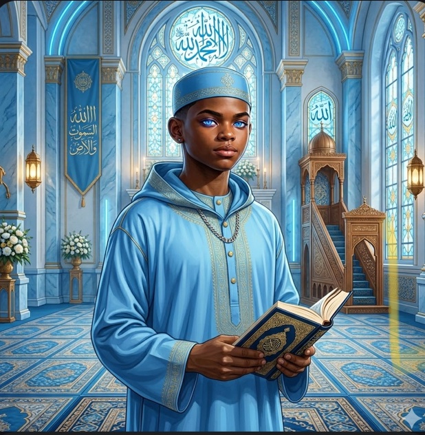 A digital artwork depicting a young boy with striking blue eyes wearing a blue traditional Islamic robe and cap, holding an open book with Arabic calligraphy in an ornate mosque interior.