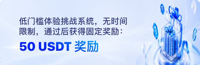 A promotional banner with Chinese text '低门槛体验挑战系统，无时间限制，通过后获得固定奖励：50 USDT 奖励' advertising a low-barrier challenge system with a 50 USDT reward, featuring a gift box graphic.