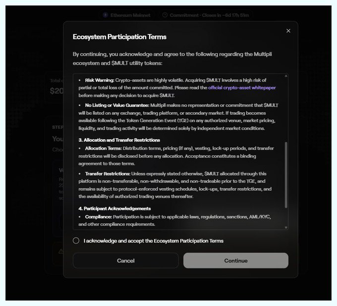 An "Ecosystem Participation Terms" modal window overlaid on an Ethereum Mainnet commitment page (with a countdown showing "Closes in ~6d 17h 51m"), displaying risk warnings and $MULTI token allocation terms. The post's question about whether this page locks in claims or shows allocations relates to the visible text, which explains that distribution terms will be disclosed before any allocation and that participants must accept the binding agreement before proceeding.