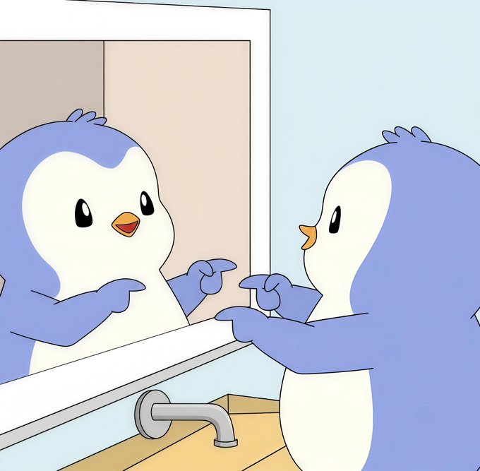 A cute blue and white penguin points at its reflection in a bathroom mirror, smiling back at itself in a cheerful self-encounter. The image captures the "gm you're your only competition" message, illustrating the playful idea of competing with oneself as the penguin meets its own mirror image.