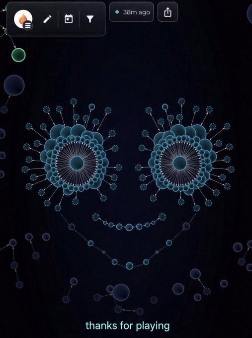 A digital artwork featuring a face made of floral patterns in teal and dark blue tones, with the text 'thanks for playing' at the bottom and UI elements indicating it was created 38 minutes ago.