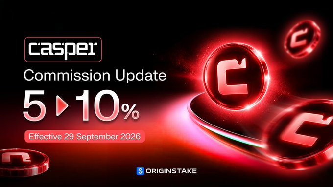 A promotional graphic announces a 'casper Commission Update' increasing from '5 ▶ 10%' 'Effective 29 September 2026', powered by 'ORIGINSTAKE'.