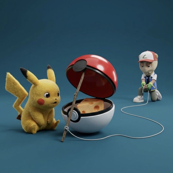 A 3D rendered scene featuring Detective Pikachu sitting next to an open Poké Ball containing a piece of Swiss cheese on a stick, with a trainer character in the background.