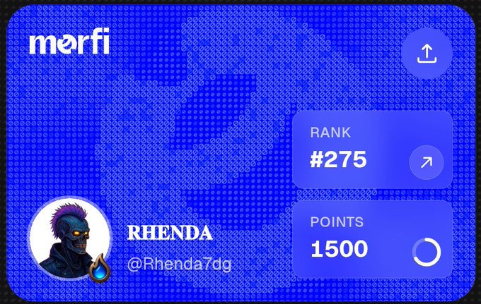 Blue Merfi profile card for user 'RHENDA' (@Rhenda7dg) showing a rank of #275 and 1500 points.