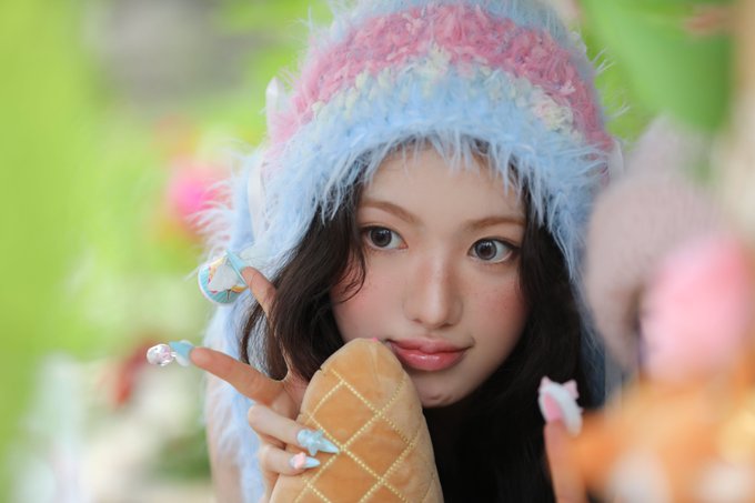 A close-up portrait of a young woman with dark hair and striking blue eyes wearing a pink and blue knitted hat, making a peace sign with pastel manicured nails while holding a waffle cone.
