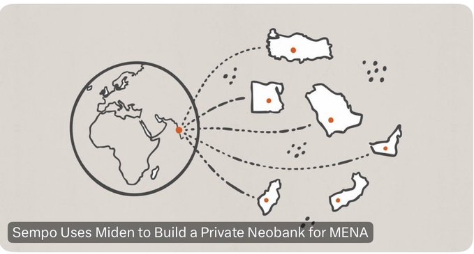 The image is a cartoon drawing of a globe surrounded by numerous white lines. The lines connect various countries around the world, forming different shapes and sizes depending on their distances from each other and from the globe. There are several shapes that could represent countries such as Africa or the Middle East. Above this drawing, there is text in black letters explaining how Sempo uses Miden to build a Private Neobank for MENA. The post also highlights that Sempo's goal is to create an entirely invisible experience by focusing on intuitive products without requiring users' knowledge of blockchain technology.